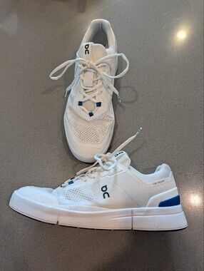 On Running Roger Spin 2 White Athletic Shoes with Blue Accents